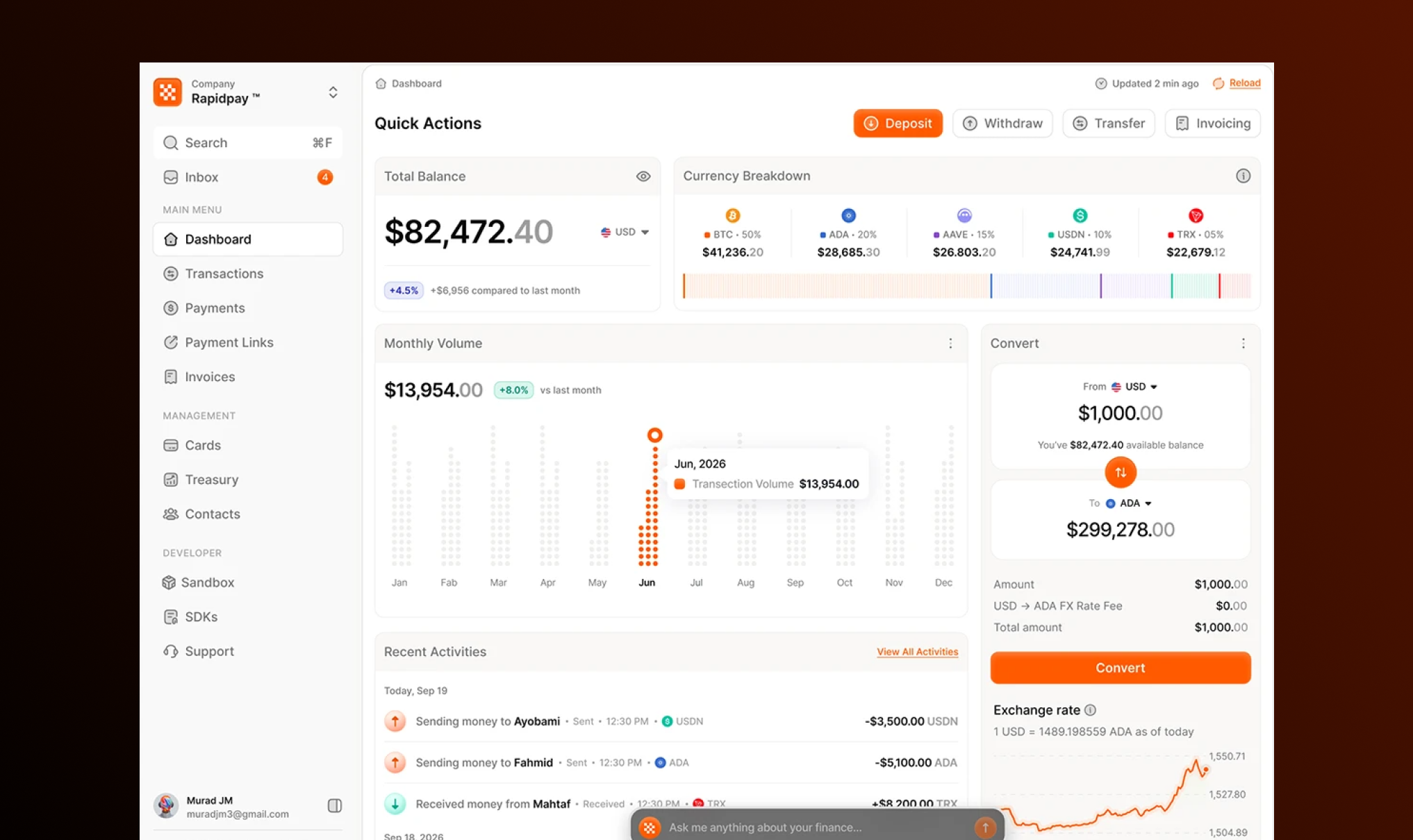 Painel da Rapidpay com saldo total, volume mensal, conversão de moedas e atividades recentes
